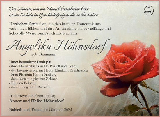 Traueranzeige von Angelika Höhnsdorf von Südthüringer Presse