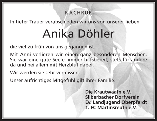 Traueranzeige von Anika Döhler von Frankenpost
