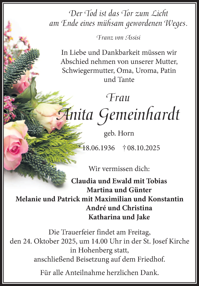  Traueranzeige für Anita Gemeinhardt vom 18.10.2025 aus Frankenpost