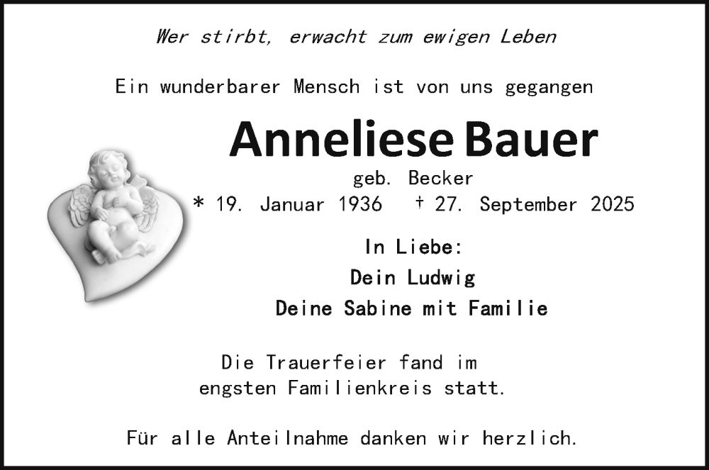  Traueranzeige für Anneliese Bauer vom 18.10.2025 aus Frankenpost