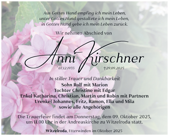 Traueranzeige von Anni Kirschner von Südthüringer Presse