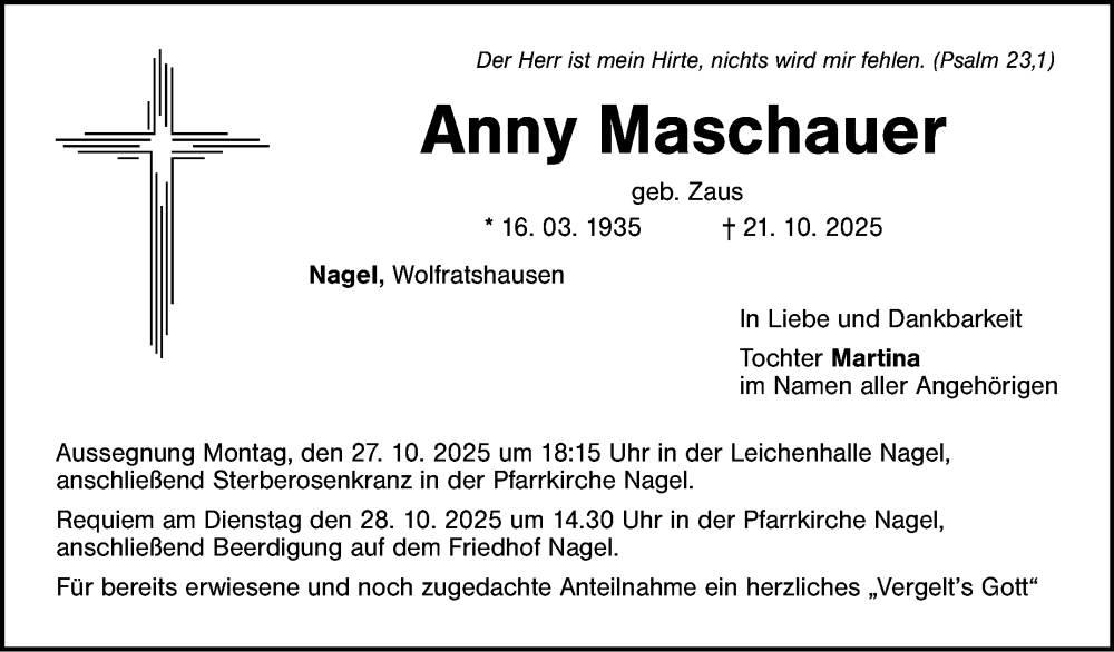  Traueranzeige für Anny Maschauer vom 25.10.2025 aus Frankenpost