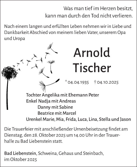 Traueranzeige von Arnold Tischer von Südthüringer Presse