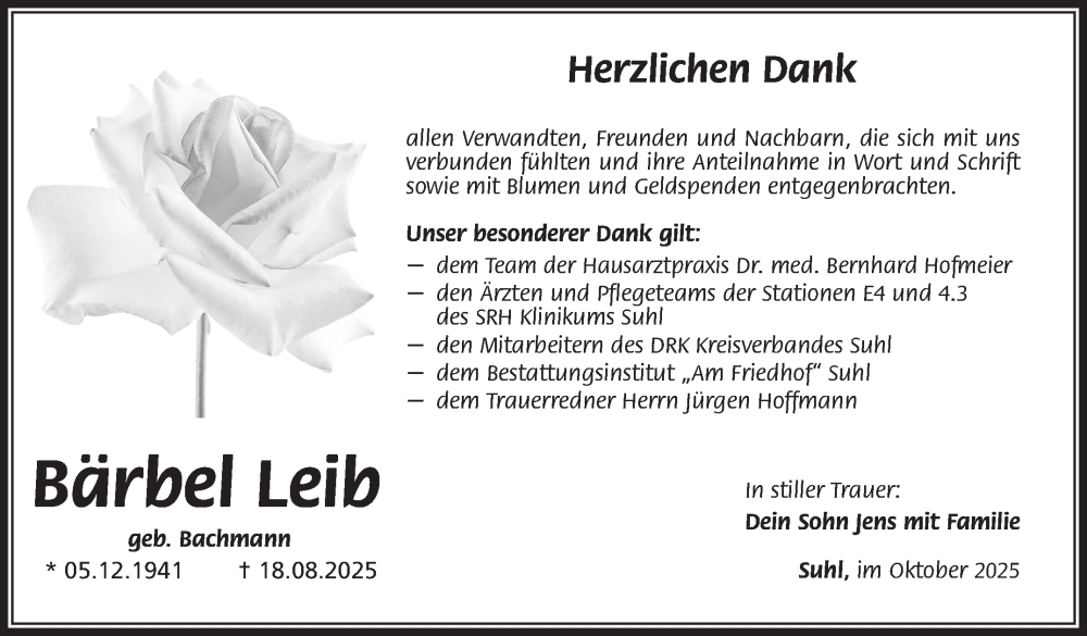  Traueranzeige für Bärbel Leib vom 11.10.2025 aus Südthüringer Presse