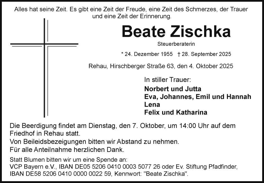  Traueranzeige für Beate Zischka vom 04.10.2025 aus Frankenpost