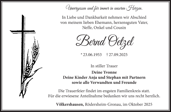 Traueranzeige von Bernd Oetzel von Südthüringer Presse