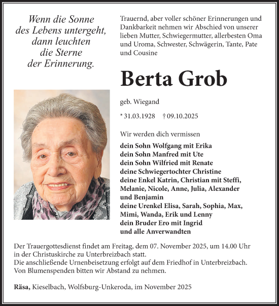 Traueranzeige von Berta Grob von Südthüringer Presse