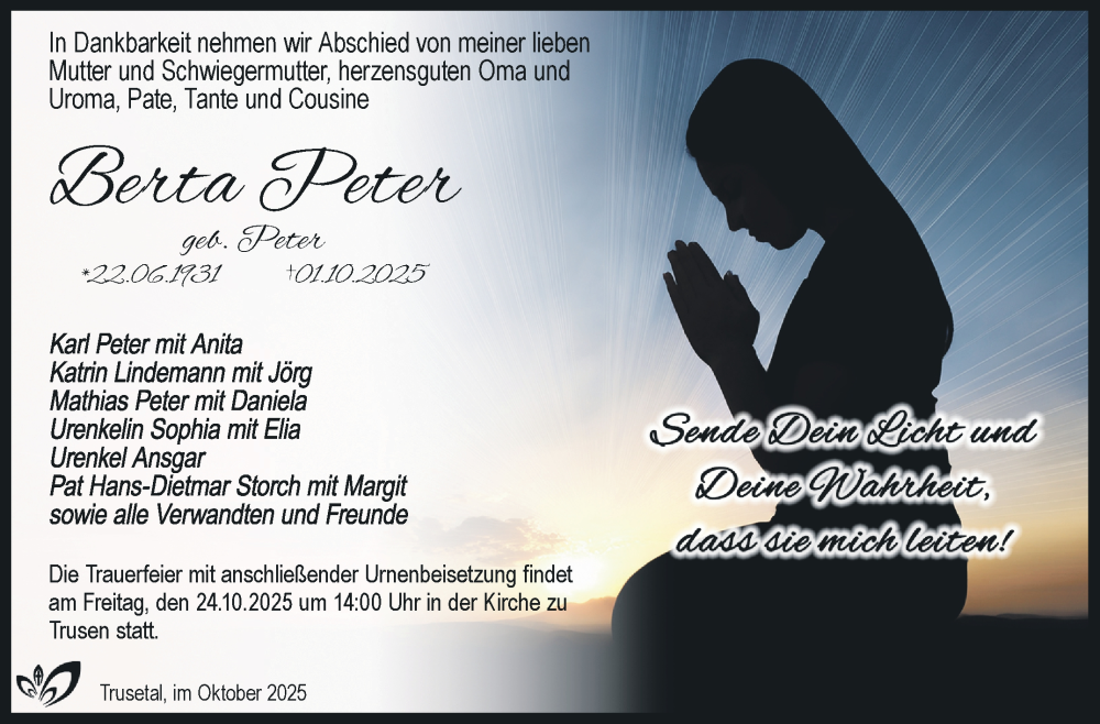  Traueranzeige für Berta Peter vom 18.10.2025 aus Südthüringer Presse