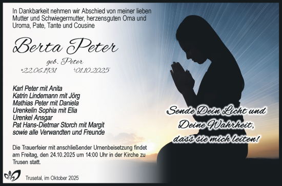 Traueranzeige von Berta Peter von Südthüringer Presse