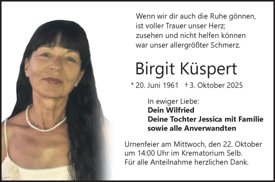 Traueranzeige von Birgit Küspert von Frankenpost