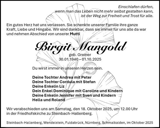 Traueranzeige von Birgit Mangold von Südthüringer Presse