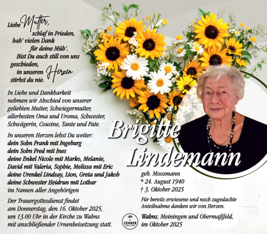 Traueranzeige von Brgitte Lindemann von Südthüringer Presse