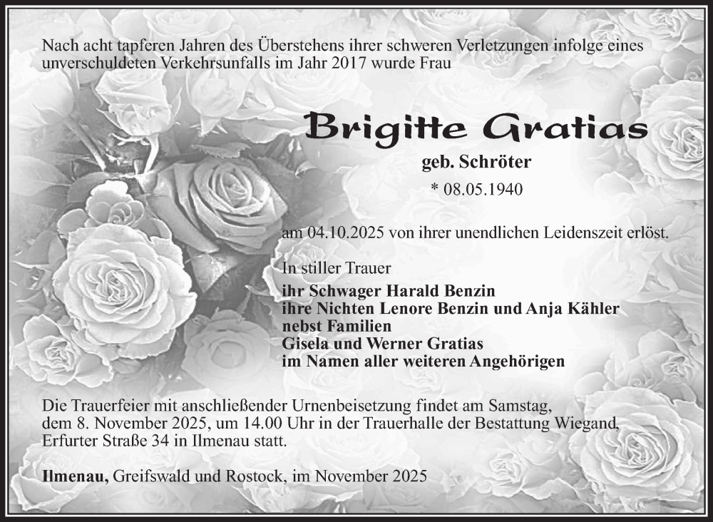  Traueranzeige für Brigitte Gratias vom 01.11.2025 aus Südthüringer Presse