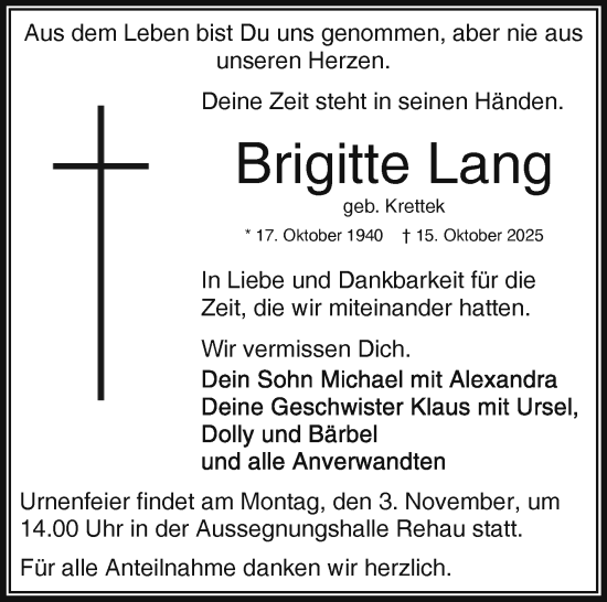 Traueranzeige von Brigitte Lang von Frankenpost