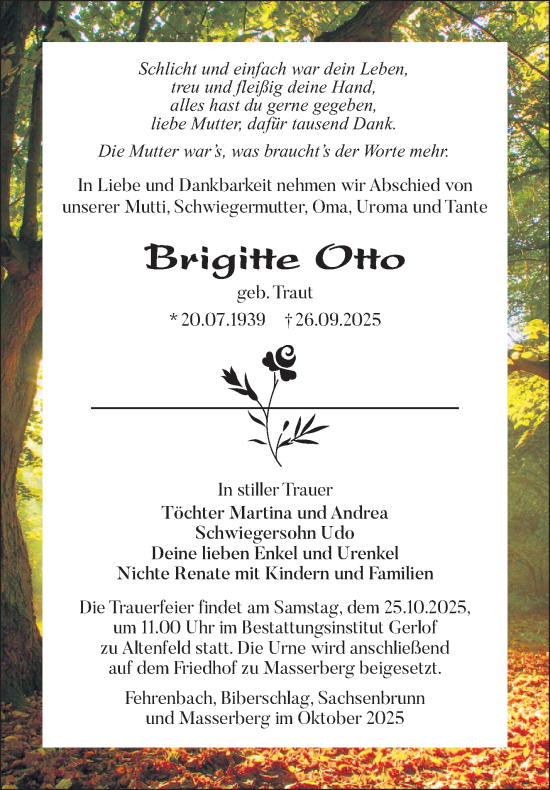 Traueranzeige von Brigitte Otto von Südthüringer Presse