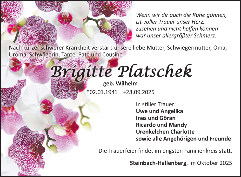 Traueranzeige für Brigitte Platschek vom 08.10.2025 aus Südthüringer Presse