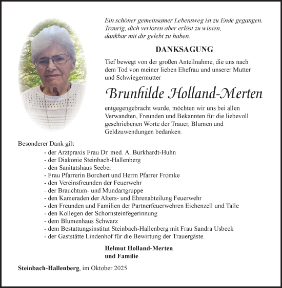 Traueranzeige von Brunhilde Holland-Merten von Südthüringer Presse