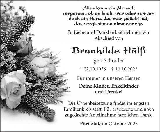 Traueranzeige von Brunhilde Hülß von Südthüringer Presse