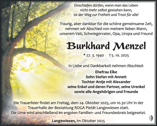 Traueranzeige von Burkhard Menzel von Südthüringer Presse