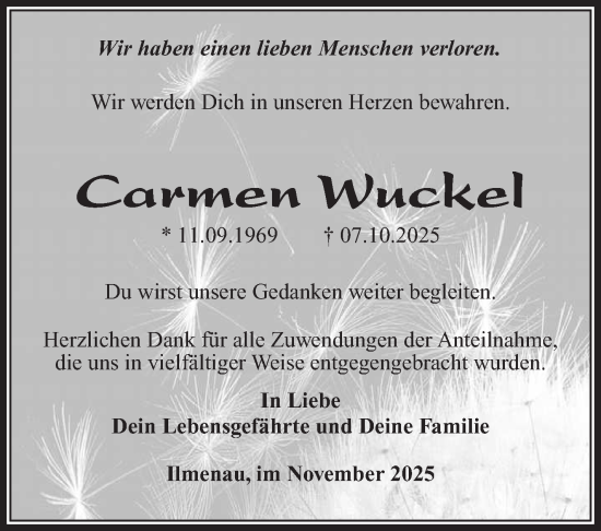 Traueranzeige von Carmen Wuckel von Südthüringer Presse