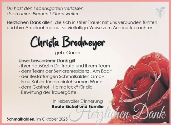Traueranzeige von Christa Brodmeyer von Südthüringer Presse