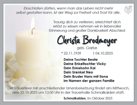 Traueranzeige von Christa Brodmeyer von Südthüringer Presse