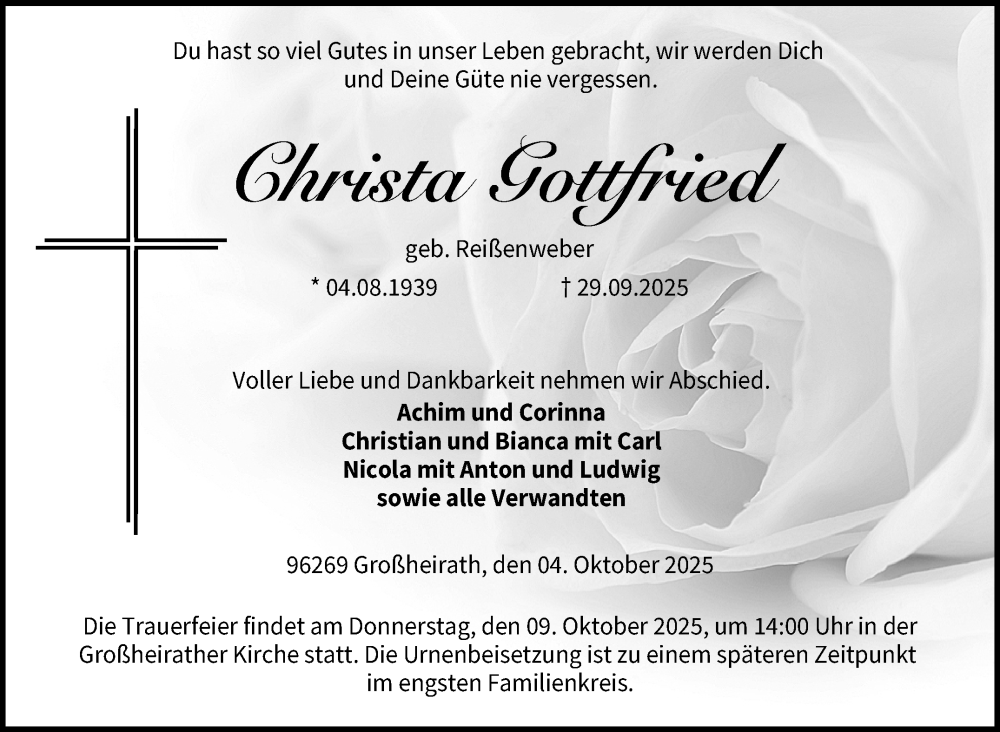  Traueranzeige für Christa Gottfried vom 04.10.2025 aus Neue Presse Coburg