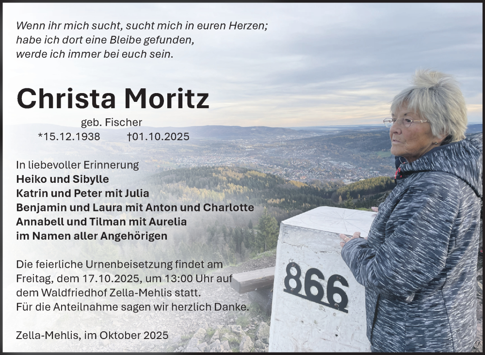  Traueranzeige für Christa Moritz vom 11.10.2025 aus Südthüringer Presse