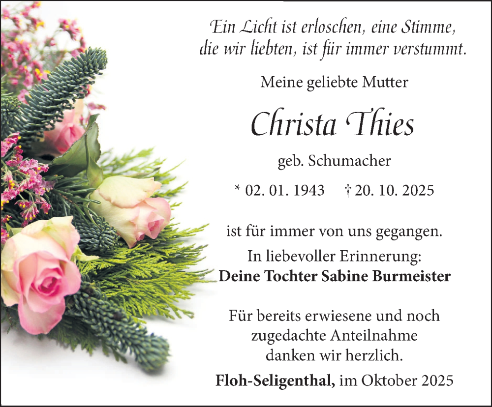  Traueranzeige für Christa Thies vom 25.10.2025 aus Südthüringer Presse