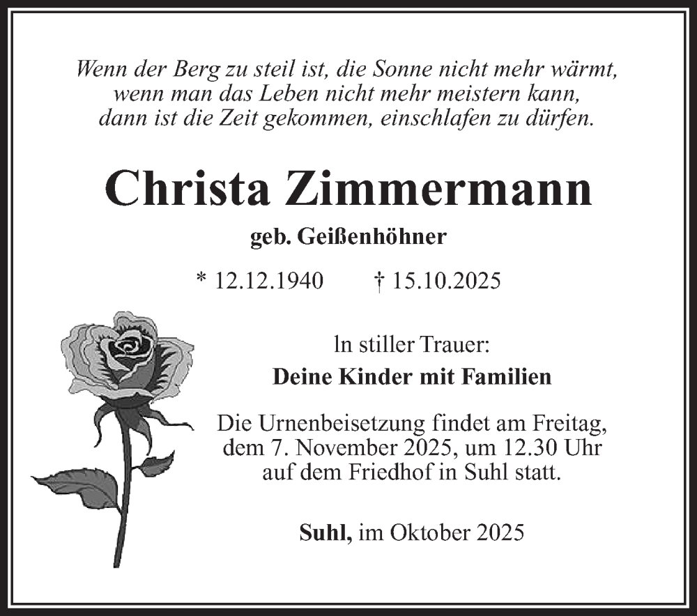  Traueranzeige für Christa Zimmermann vom 25.10.2025 aus Südthüringer Presse