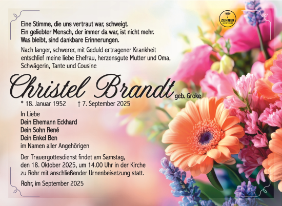Traueranzeige von Christel Brandt von Südthüringer Presse