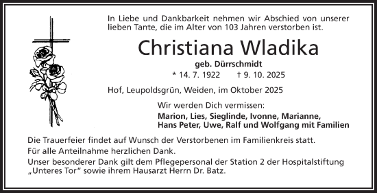 Traueranzeige von Christiana Wladika von Frankenpost