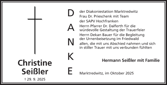 Traueranzeige von Christine Seißler von Frankenpost