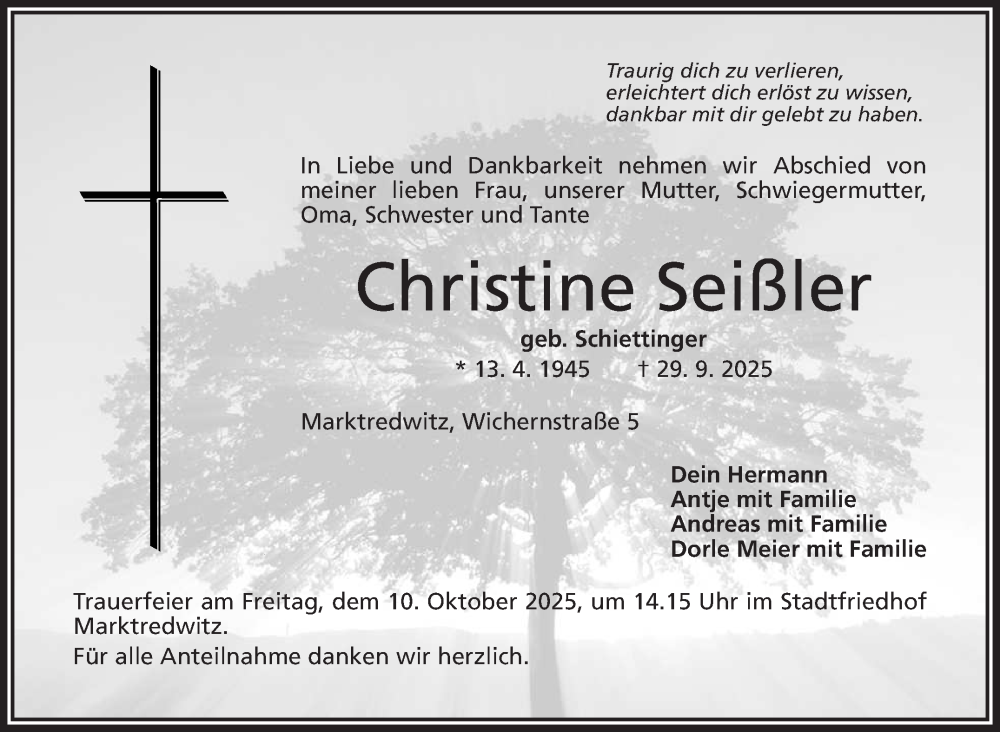  Traueranzeige für Christine Seißler vom 04.10.2025 aus Frankenpost