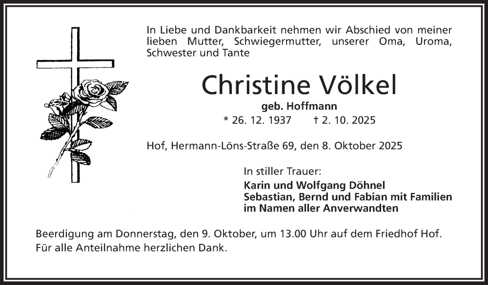  Traueranzeige für Christine Völkel vom 08.10.2025 aus Frankenpost