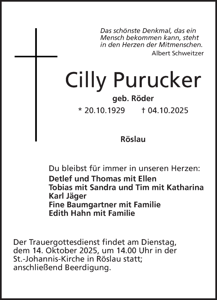  Traueranzeige für Cilly Purucker vom 11.10.2025 aus Frankenpost