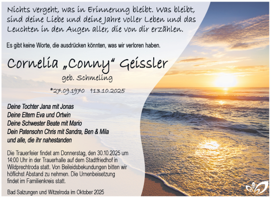 Traueranzeige von Cornelia Geissler von Südthüringer Presse