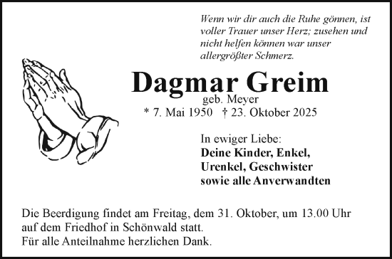 Traueranzeige von Dagmar Greim von Frankenpost