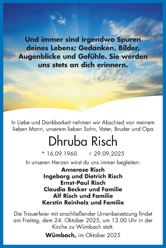 Traueranzeige von Dhruha Risch von Südthüringer Presse