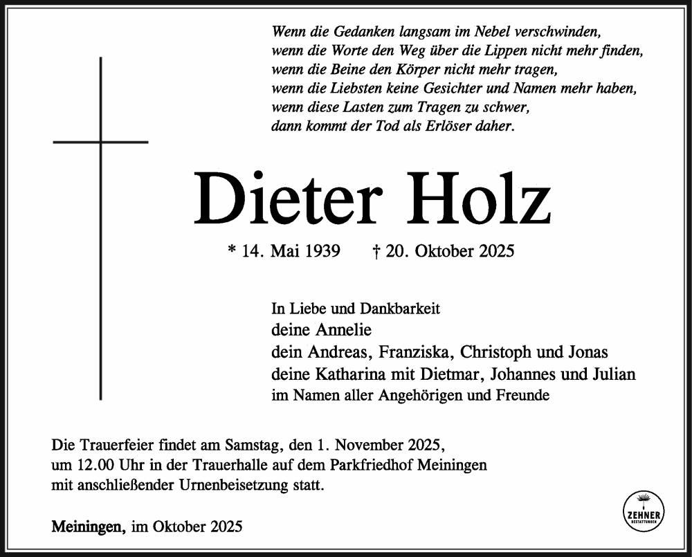  Traueranzeige für Dieter Holz vom 25.10.2025 aus Südthüringer Presse