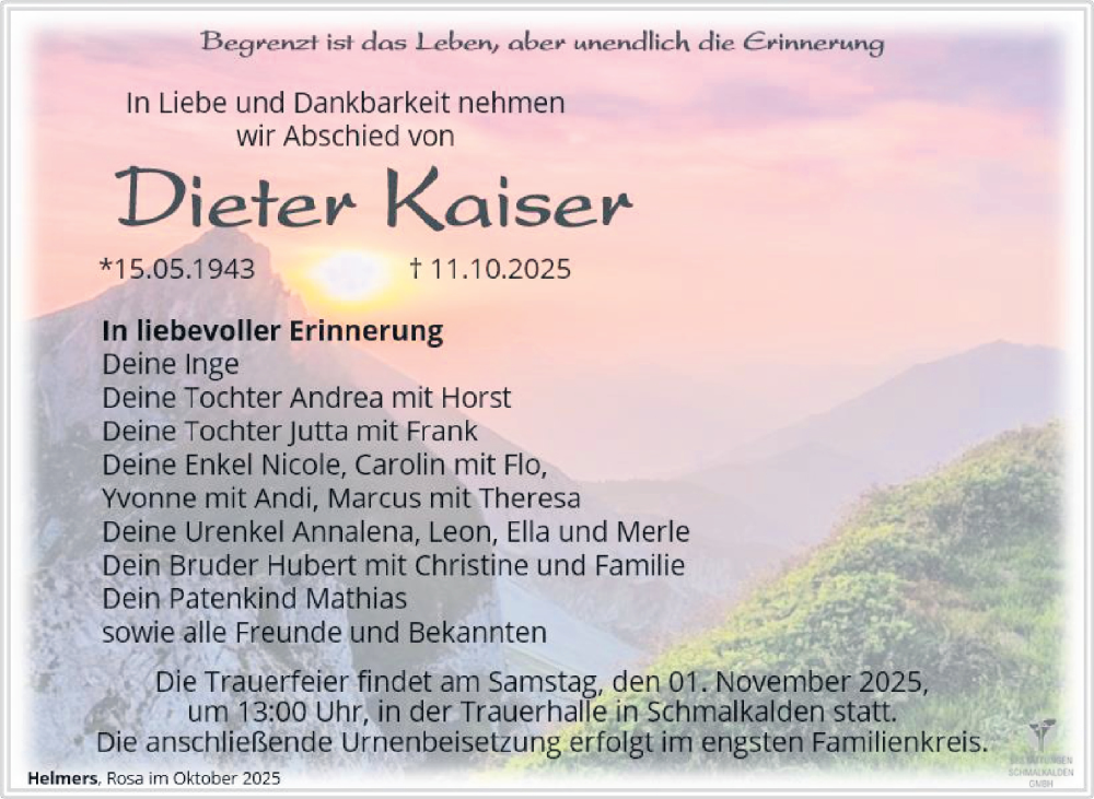  Traueranzeige für Dieter Kaiser vom 24.10.2025 aus Südthüringer Presse