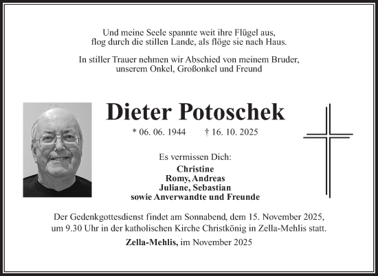 Traueranzeige von Dieter Potoschek von Südthüringer Presse