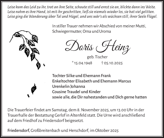 Traueranzeige von Doris Heinz von Südthüringer Presse