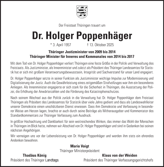 Traueranzeige von Dr. Holger Poppenhäger von Südthüringer Presse