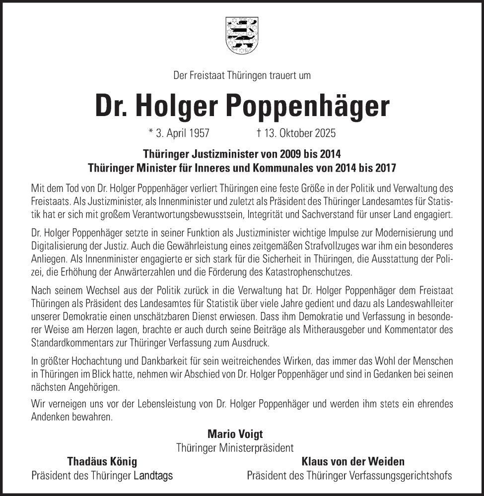  Traueranzeige für Dr. Holger Poppenhäger vom 25.10.2025 aus Südthüringer Presse
