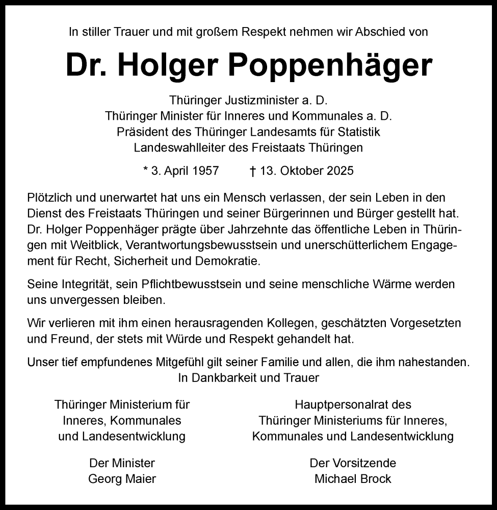  Traueranzeige für Dr. Holger Poppenhäger vom 25.10.2025 aus Südthüringer Presse