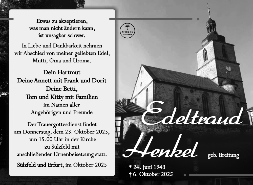  Traueranzeige für Edeltraud Henkel vom 11.10.2025 aus Südthüringer Presse
