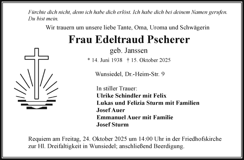  Traueranzeige für Edeltraud Pscherer vom 22.10.2025 aus Frankenpost