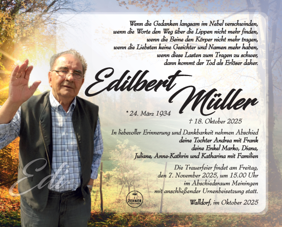 Traueranzeige von Edilbert Müller von Südthüringer Presse