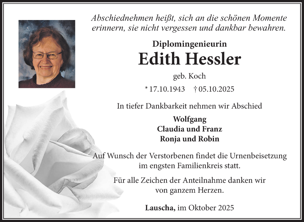  Traueranzeige für Edith Hessler vom 25.10.2025 aus Südthüringer Presse